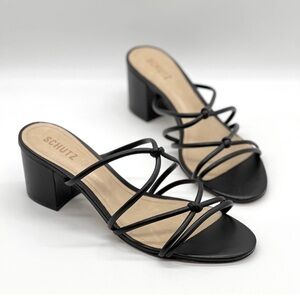 SCHUTZ Princey Strappy Sandal Womens 9.5 Black Knotted Block Heel Slide Slip On